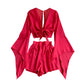 Chemise en mousseline de soie à manches cloche, nouveau design, short taille haute à jambes larges, costume deux pièces de style occidental