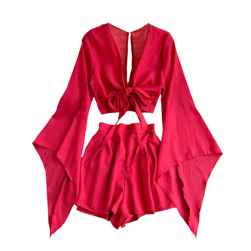 Chemise en mousseline de soie à manches cloche, nouveau design, short taille haute à jambes larges, costume deux pièces de style occidental