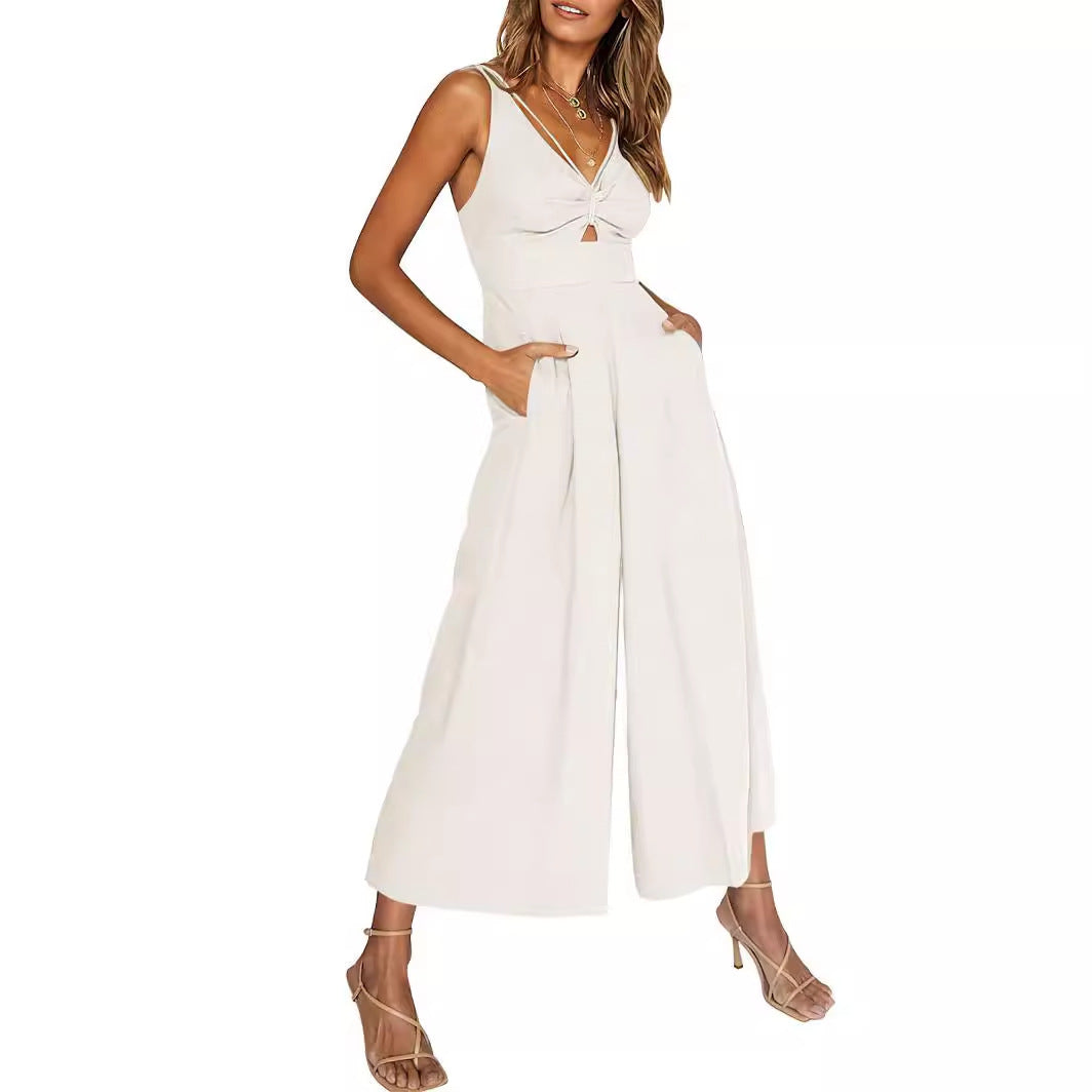 Combinaison d'été à col en V et bretelles ajourées, plissée, taille haute, jambes larges, poches pour femmes