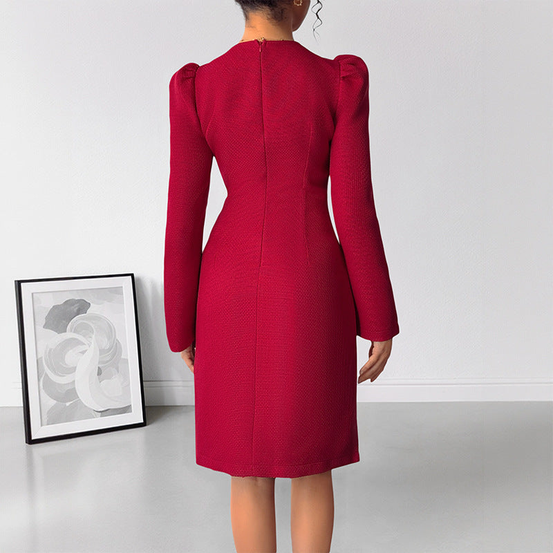 Sweet Retro Bow Pearl Decoration Deep V-neck Red Dress
