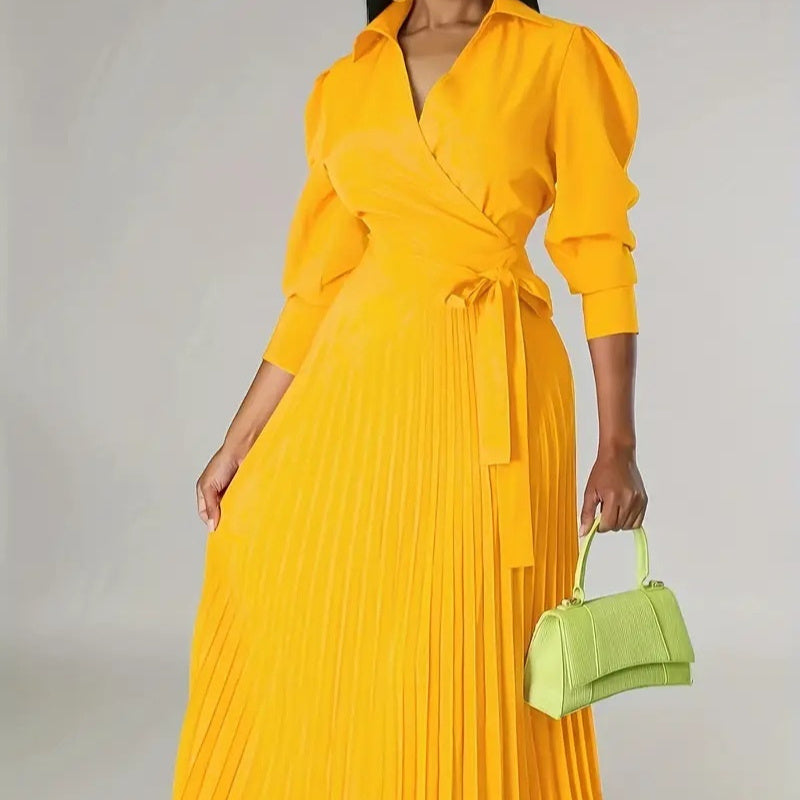 V-neck Long-sleeve Coat-pressed Dress With A Cinched Waist For Women
