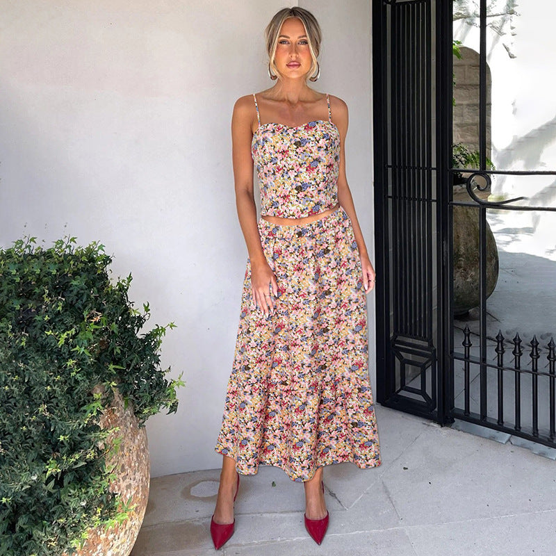 Sling Midriff Outfit Floral Top Dress Suit