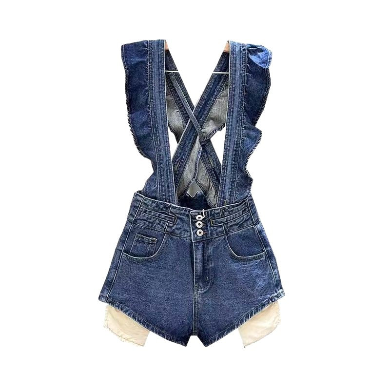 New Womens Blue Denim Suspender Shorts