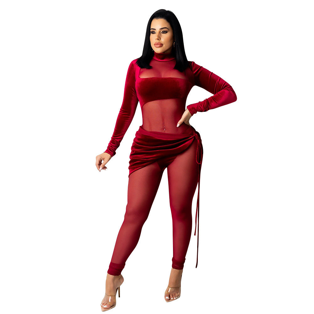 Mesh Velvet Stitching Solid Color Jumpsuit