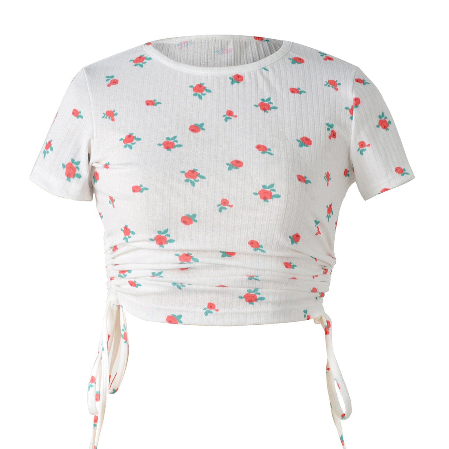Women's Printed Short-sleeved T-shirt With Drawstring