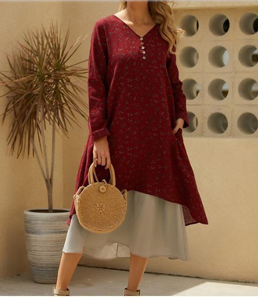 Long Sleeve Fake Two-piece Printed Dress