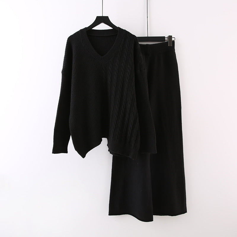 Pull uni à col en V, nouvelle collection automne-hiver, ample, décontracté, tricoté, pantalon large assorti, costume deux pièces