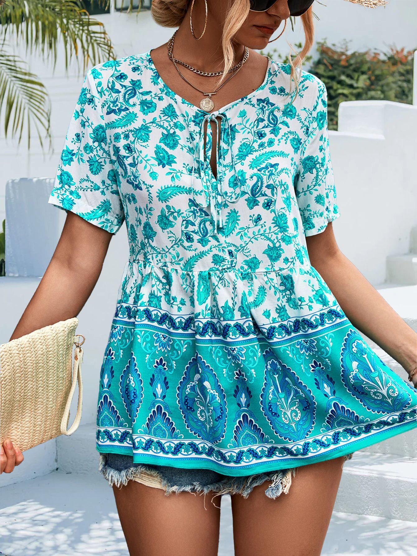 Bohemian V-neck Tie Positioning Flower Top Women