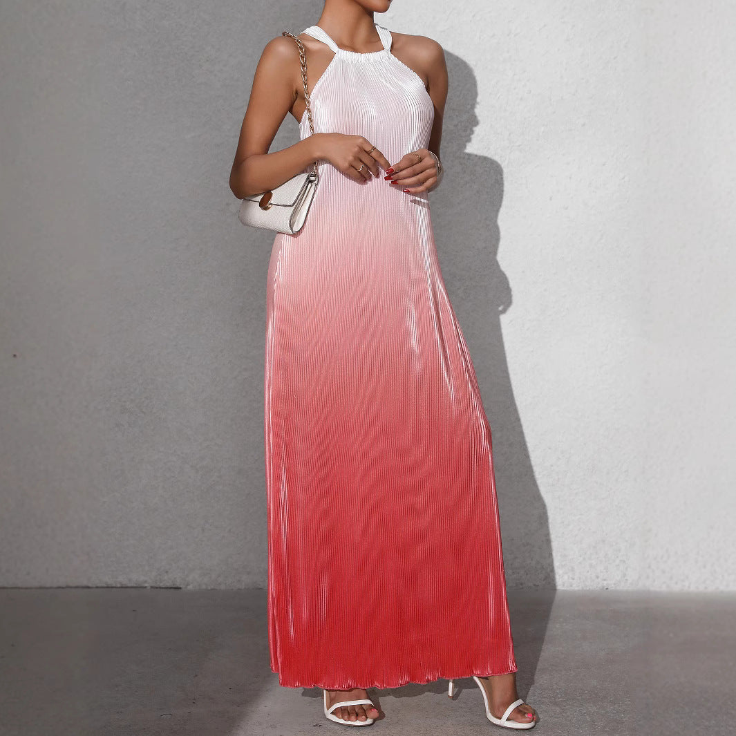 Womens Gradient-Color Fashionable Sexy Backless Halter Dress