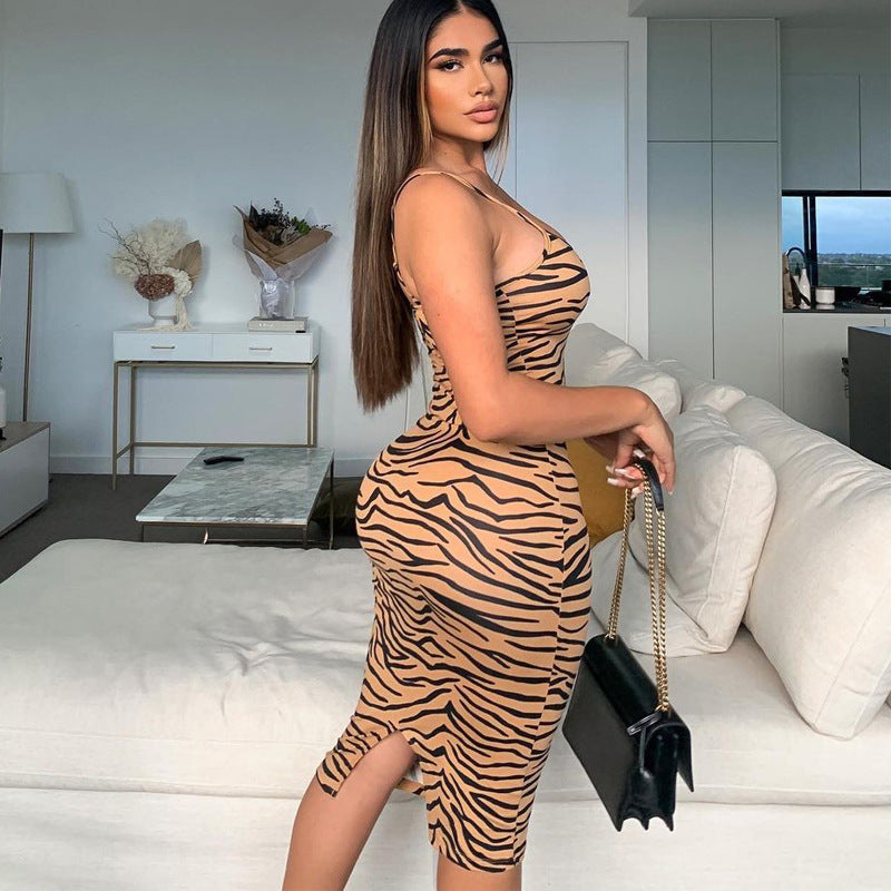 Printed Slim Slimming Split Sling Dress
