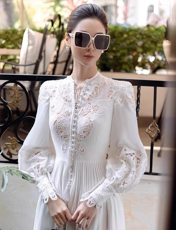 White Lace Flower Embroidery Hollow-out Lantern Long Sleeve Lace-up Single-breasted Dress