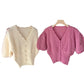 Short Puff Sleeve Hollow Knit Top