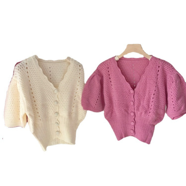 Short Puff Sleeve Hollow Knit Top