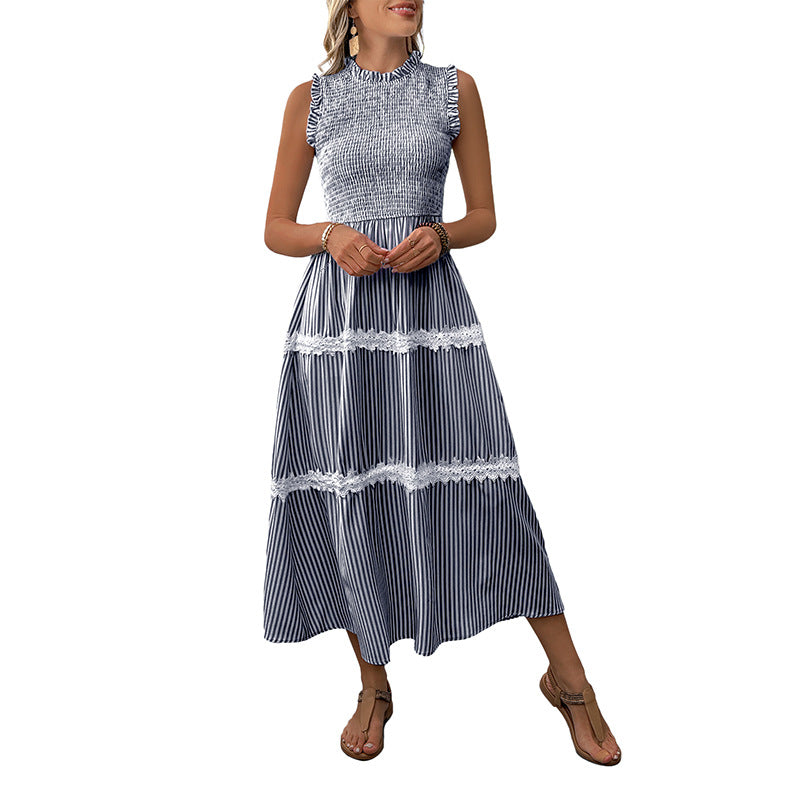 Casual Womens Lace Ruffle-neckline Sleeveless Striped Dress