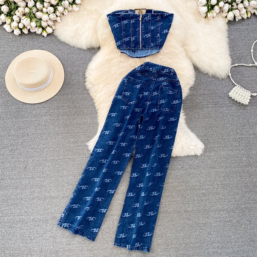 Fashion Retro Graceful Tube Top Denim Vest Two-piece Set