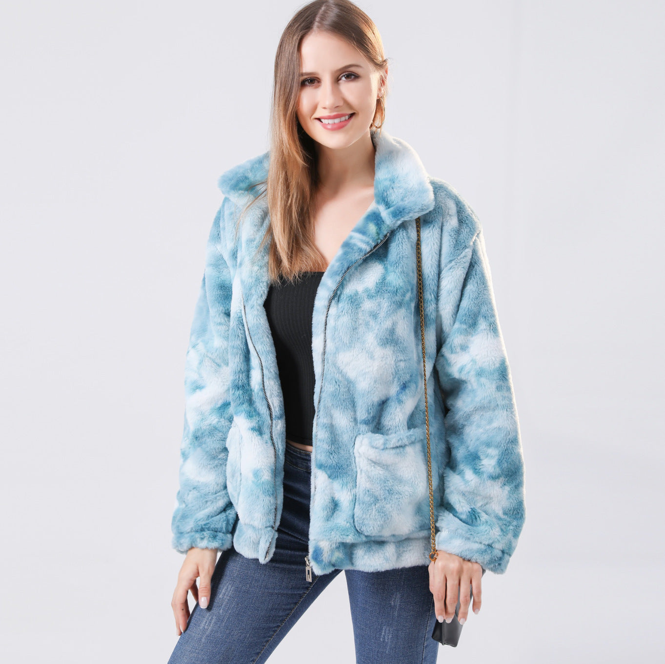 Women's plush color tie-dye long sleeve coat