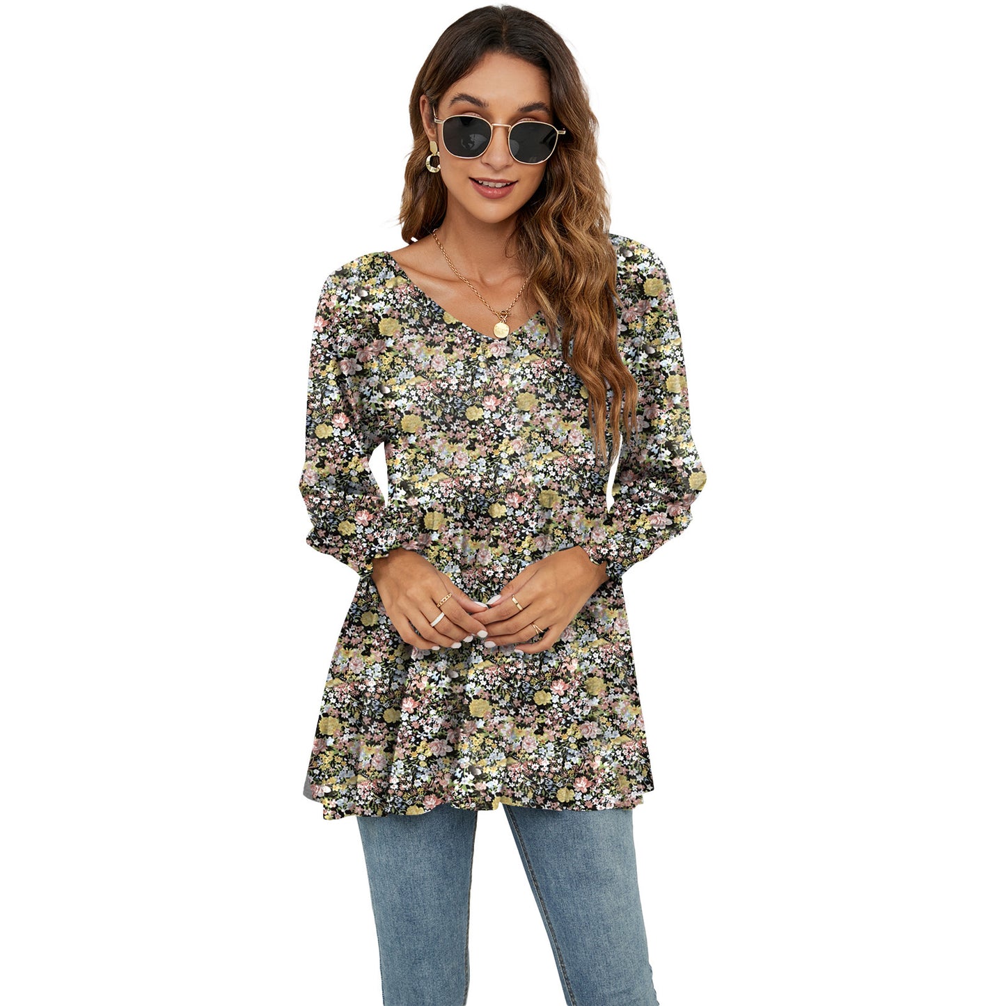 Hauts à manches longues bouffantes pour femmes, imprimés floraux, chemisiers décontractés à col en V, t-shirts, hauts babydoll