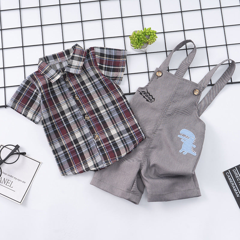 Summer Children's Suit Cotton Plaid Shirt Suspender Pants Two-piece Suit