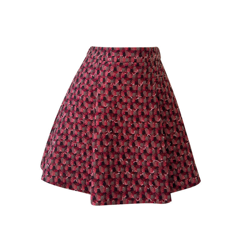 Red Tweed Long Sleeve Top Coat With Short Skirt