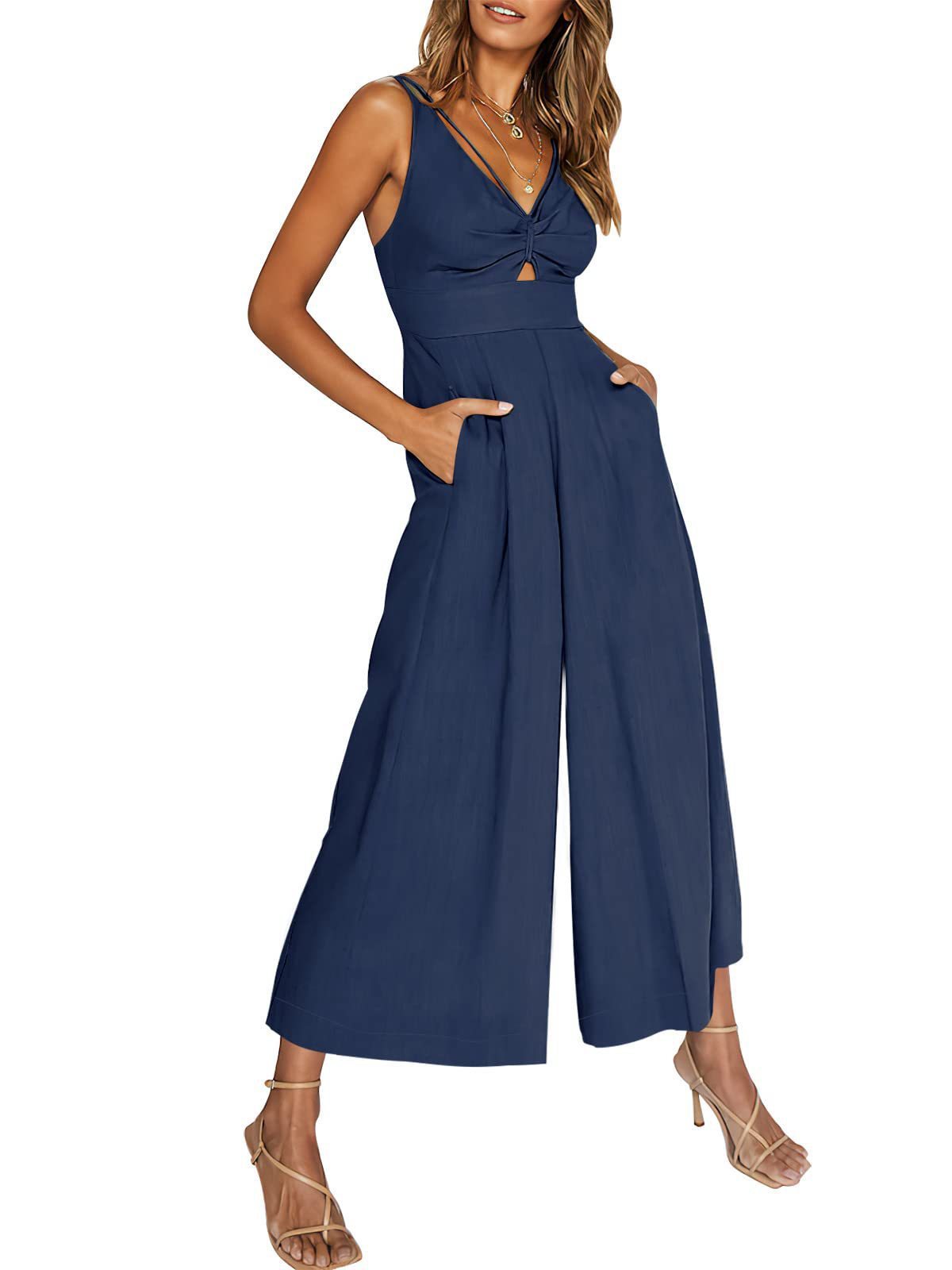 Combinaison d'été à col en V et bretelles ajourées, plissée, taille haute, jambes larges, poches pour femmes