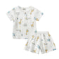 Cotton And Linen Short Sleeve Shorts Suit Round Neck Cartoon Printing