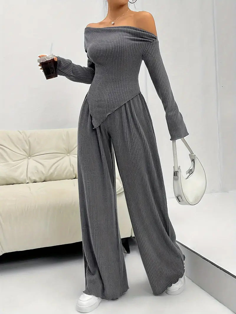 Solid-color Elegant Off-shoulder Sleeveless Shirt And Wide-leg Pants Set For Women