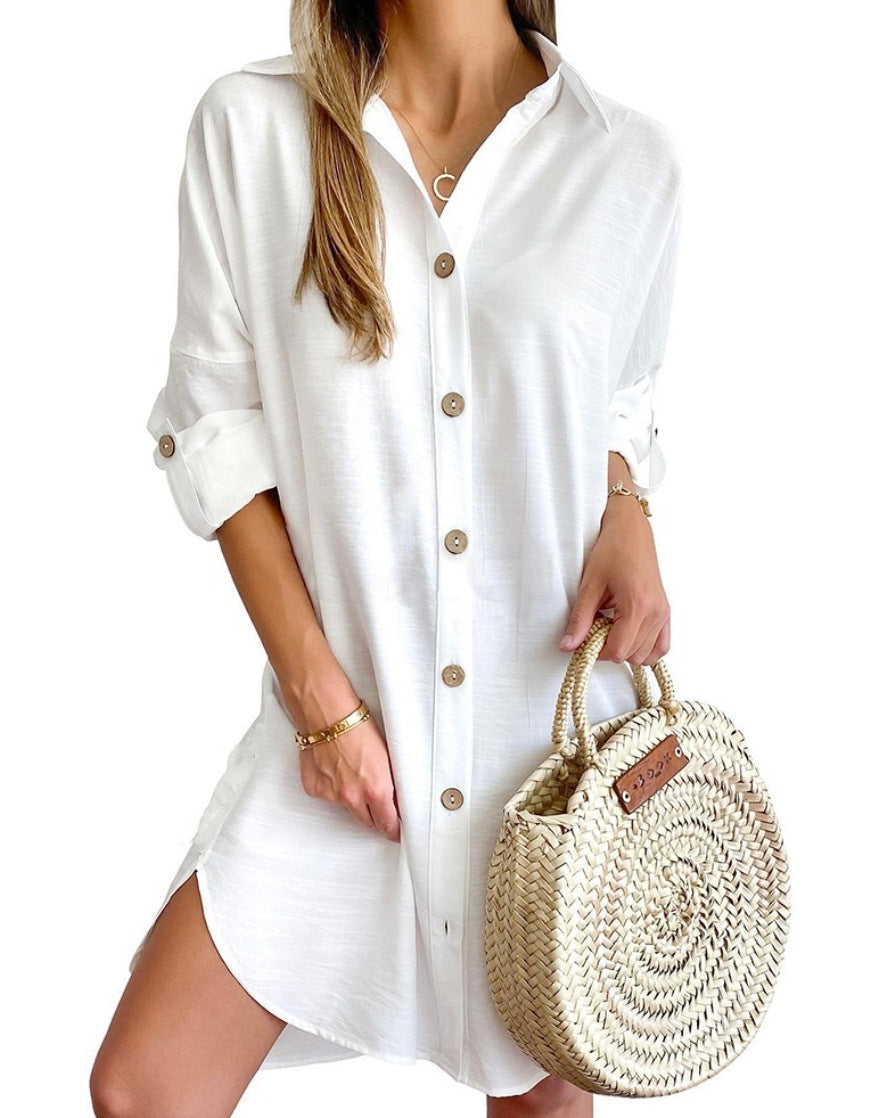 Robe chemise boutonnée à manches longues et revers pour femme, vêtement d'automne décontracté