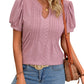Solid Color V-neck Puff Short-sleeved T-shirt Fashion Summer Striped Hollow Design Loose T-shirt For Womens Clothing