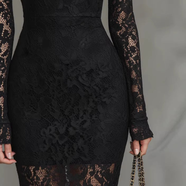 Black Stretch Lace Mermaid Maxi Dress
