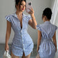 Striped Shirt-collar Casual Waist-cinched Chic Dress