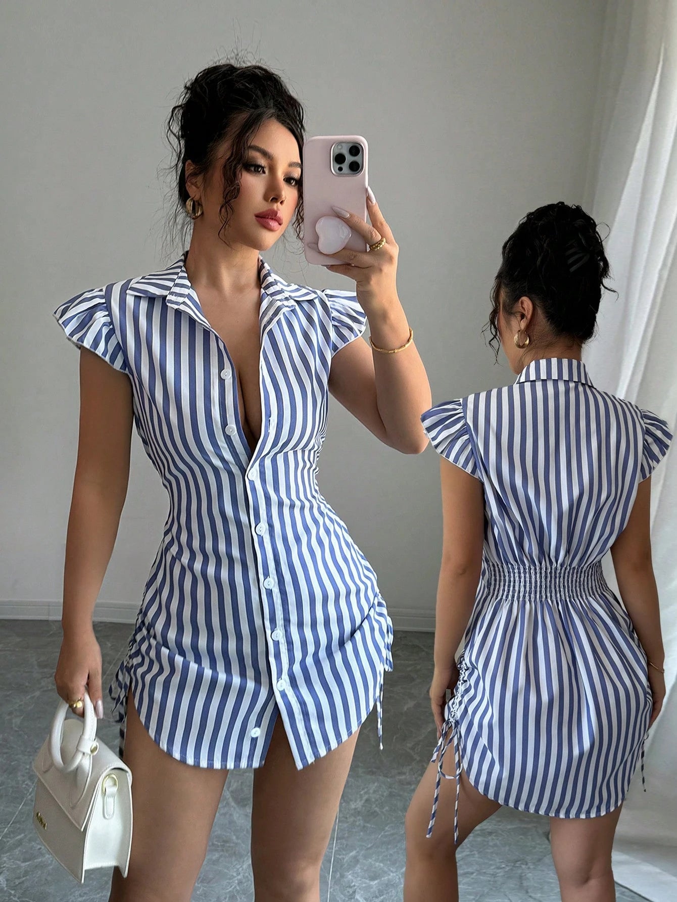 Striped Shirt-collar Casual Waist-cinched Chic Dress