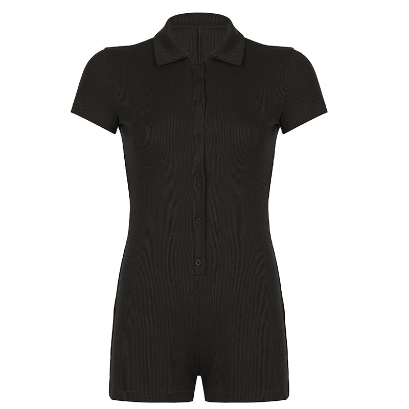 Womens Ribbed Lapel Button-front Short-sleeve Jumpsuit