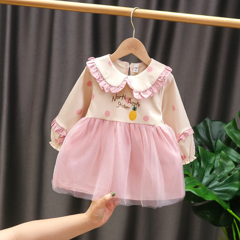 Girls' New Mesh Cotton Long Sleeved Dress