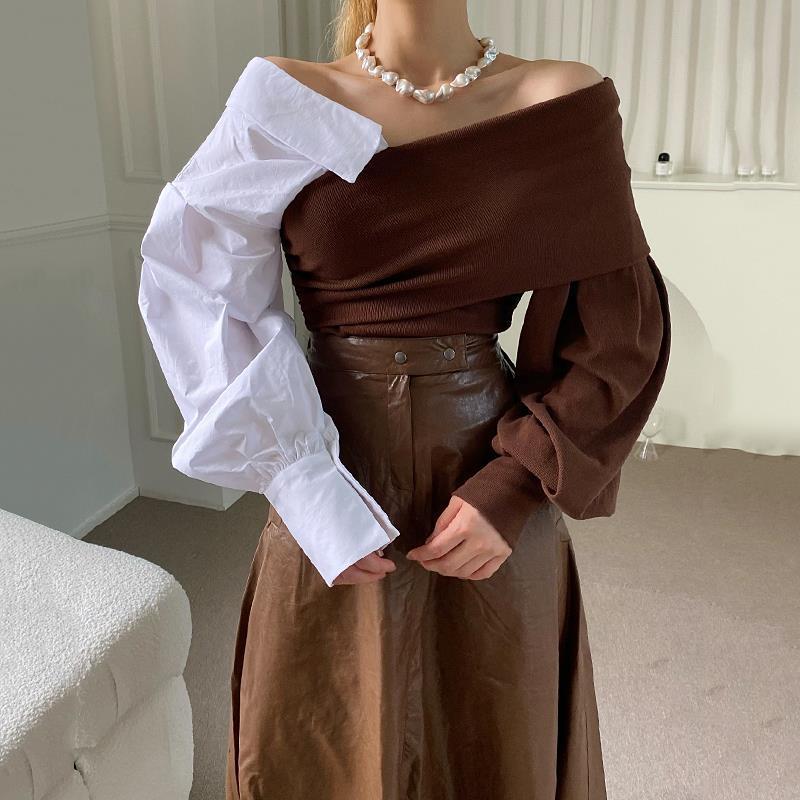 Women's V-neck Strapless Collision Color Bubble Sleeve Top Half Skirt