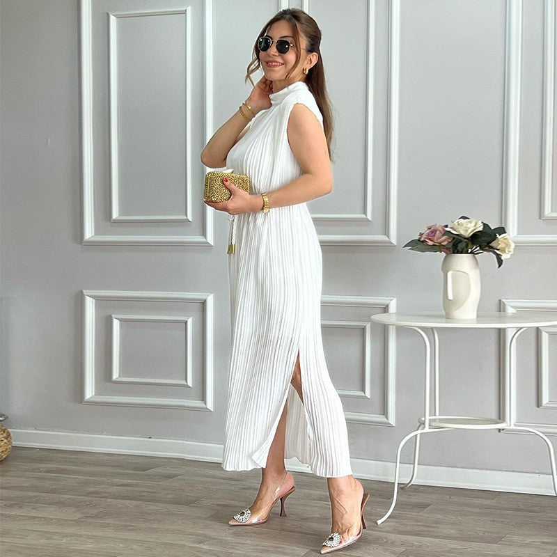 Fashionable Simple Half Turtleneck Waist-controlled Lace-up Midi Dress
