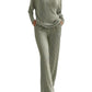 Straight-leg Pants With A Loose And Elegant V-neck Ribbed Two-piece Set