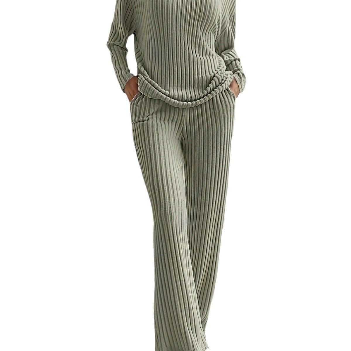 Straight-leg Pants With A Loose And Elegant V-neck Ribbed Two-piece Set