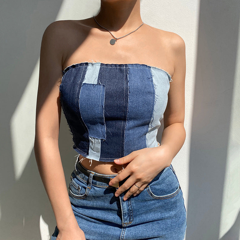 Denim Stitching Raw-edge Lace-up Tube Top T-shirt