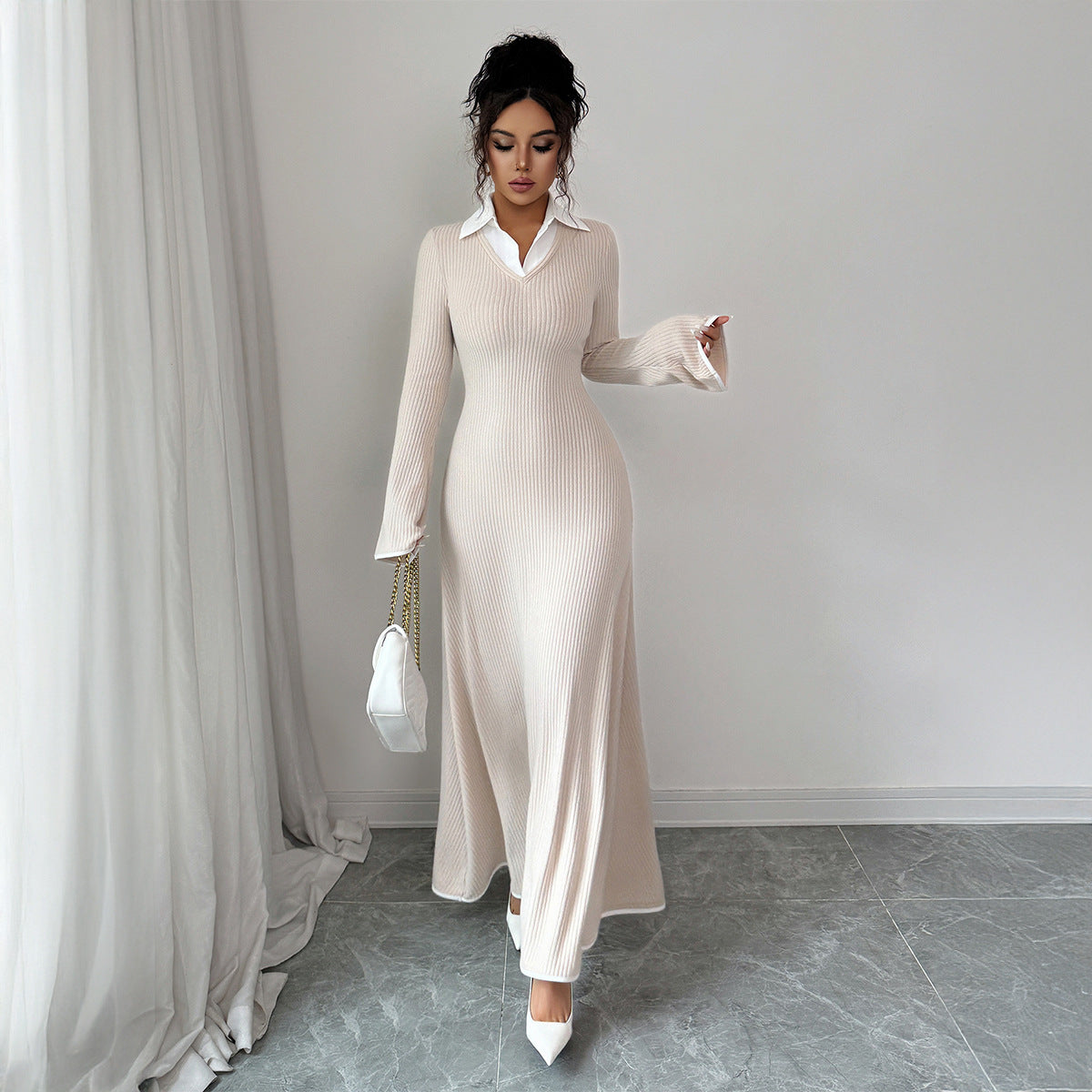 Simple And Stylish Solid Color Long Sleeve Dress For Women