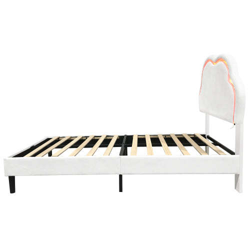 3ft Single Upholstered Bed With LED Adjustable Cute Cloud Headboard, Soft Velvet Bed Frame With Solid Wood Slat, No Box Spring Needed, Easy Assembly, Cream White No Mattress