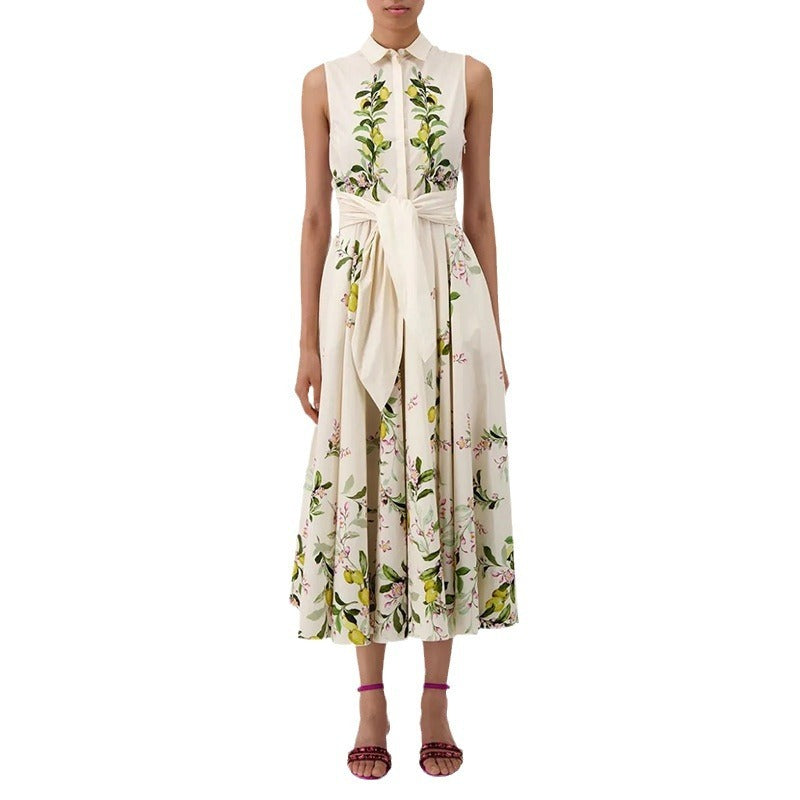 Robe rétro artistique sans manches à revers, imprimée, à lacets, taille ajustée, amincissante, pour femmes