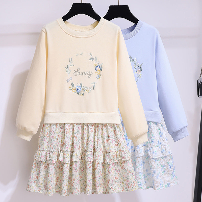 Robe de printemps à manches longues pour fille, style occidental, avec fausses coutures et motif floral