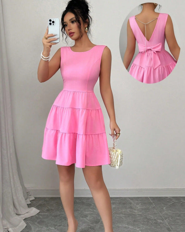 Solid-color Backless Bow-knot Sleeveless Mini Dress