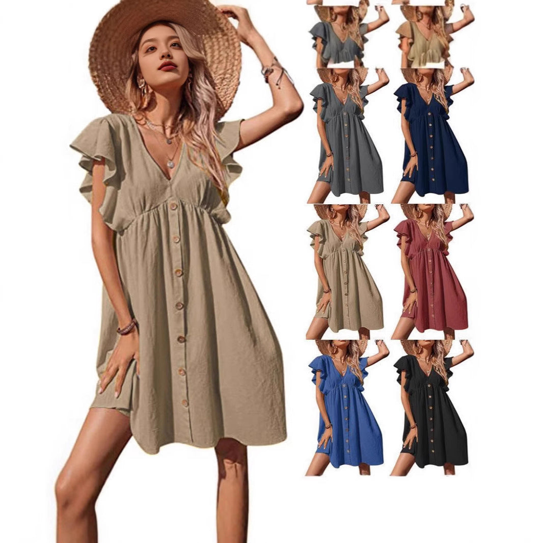 Women's Midi Casual Pleated V-neck Button Plus Size Dress