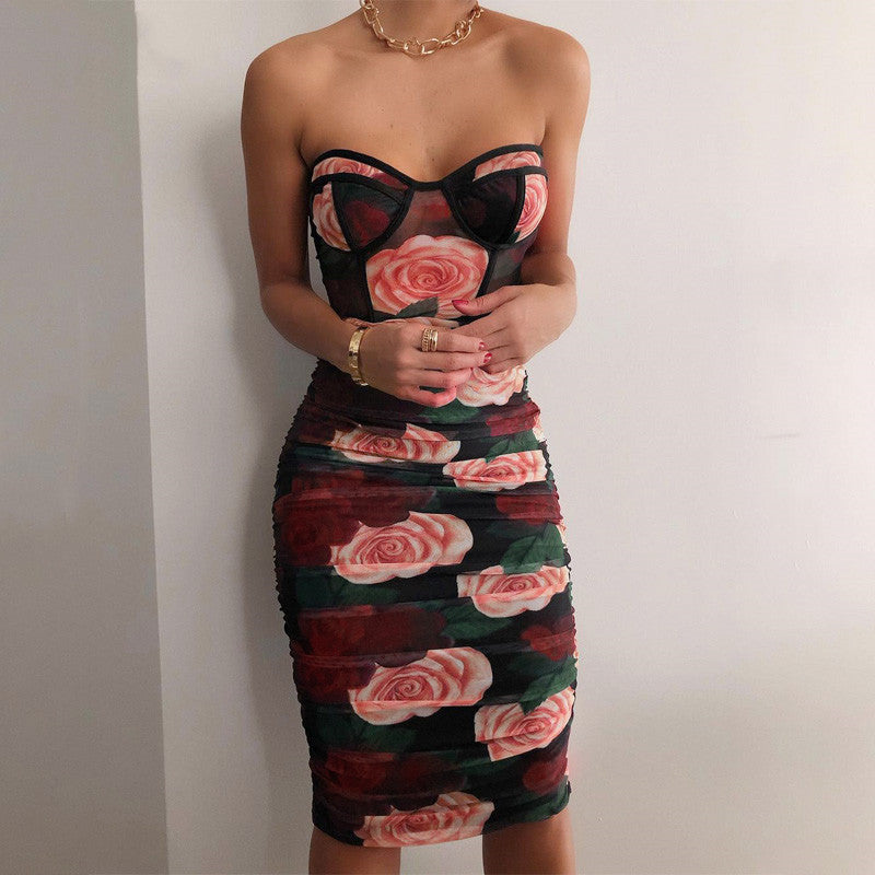 Women's New Smocked Print Square Neck Long Sleeve Slim Fit Dress