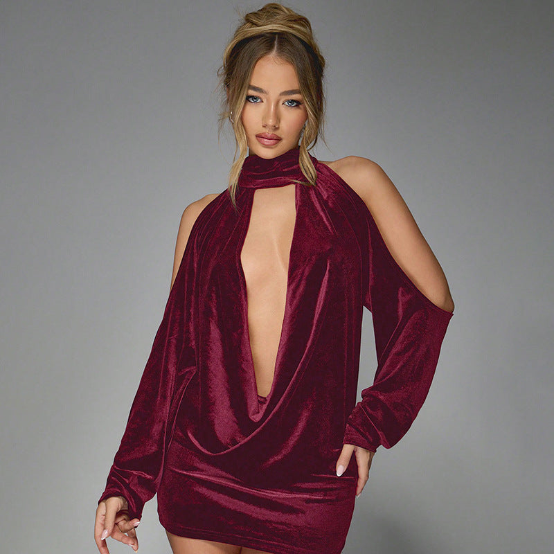 Halter Swing Collar Backless Velvet Dress