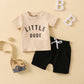 Round Neck Letter Print Short-sleeved Top Solid Color Shorts Two-piece Set