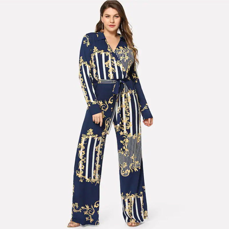 Women's printed trousers lace up jumpsuit