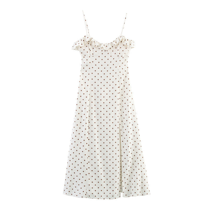 New Summer Retro Waist-controlled Polka Dot Midi Skirt Sling Dress
