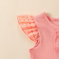 Girls' Flounced Sleeve Buttons Sunken Stripe Cotton Shorts Suit